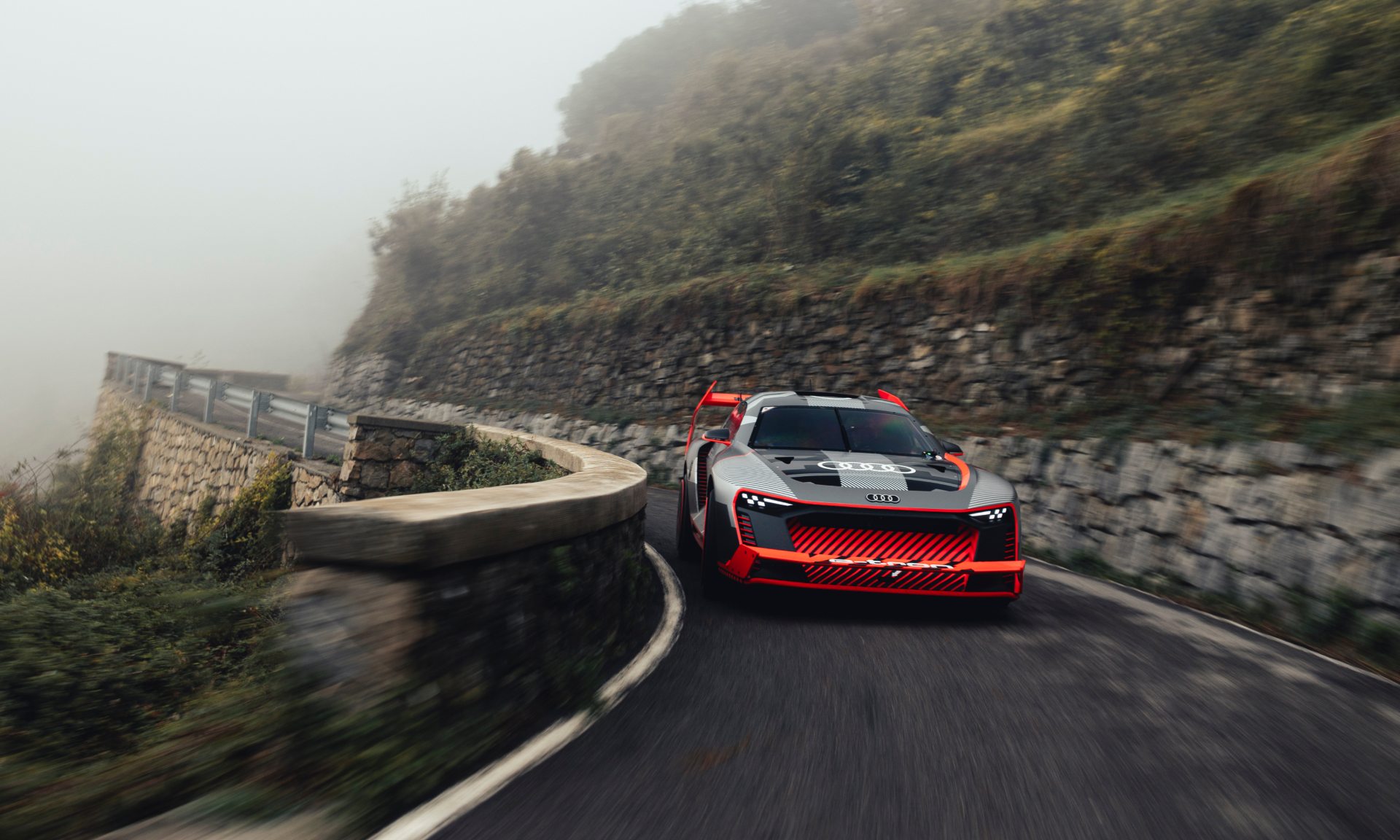 The Audi S1 Hoonitron driving the historic Sanremo rally circuit.