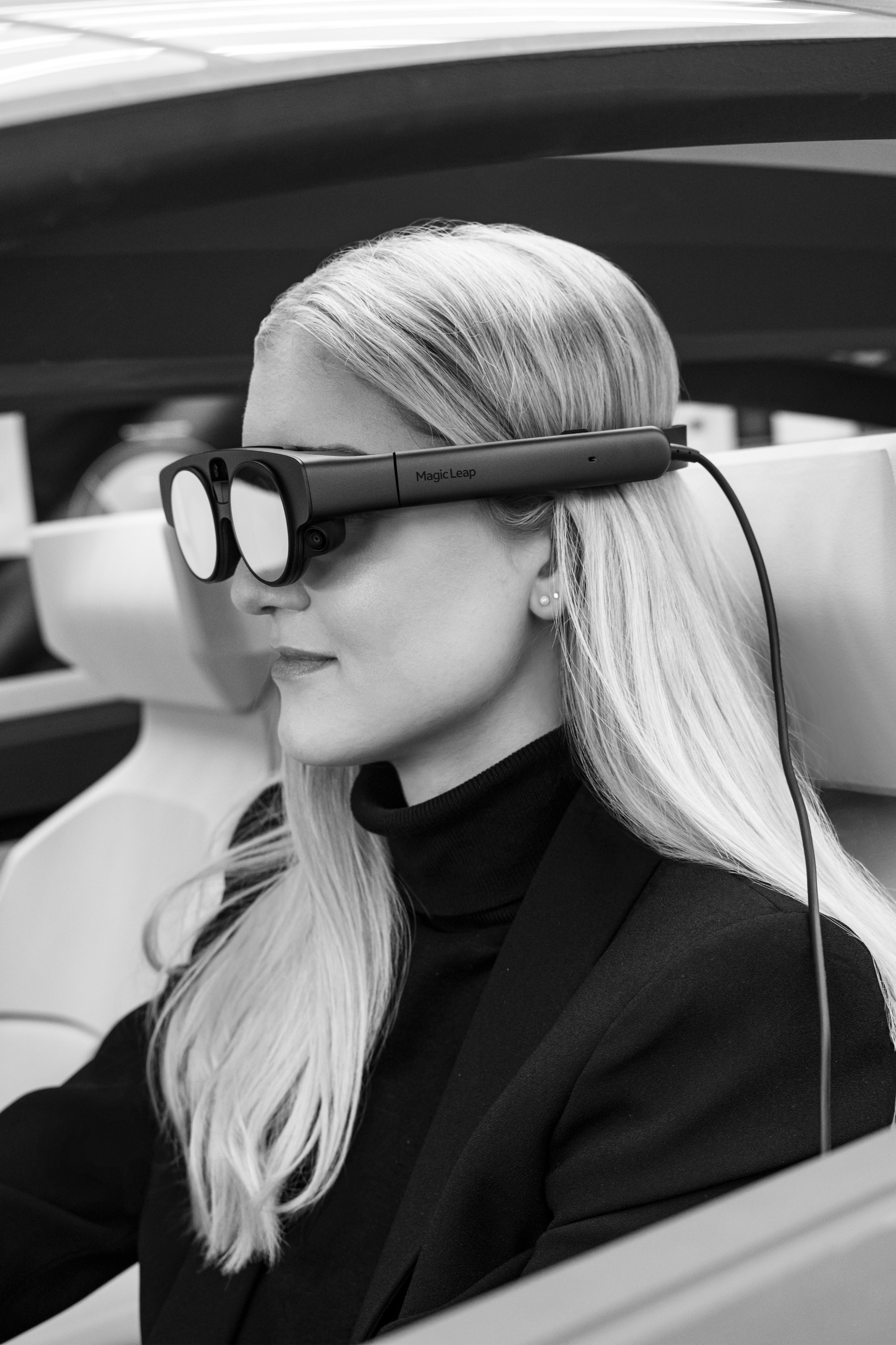 Christina wearing mixed reality glasses.