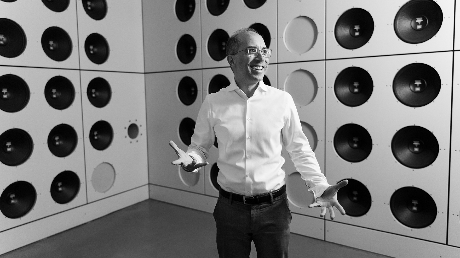 Dr. Moni Islam, Head of Development Aerodynamics & Aeroacoustics at Audi, inside the noise-cancelling system of the wind tunnel.