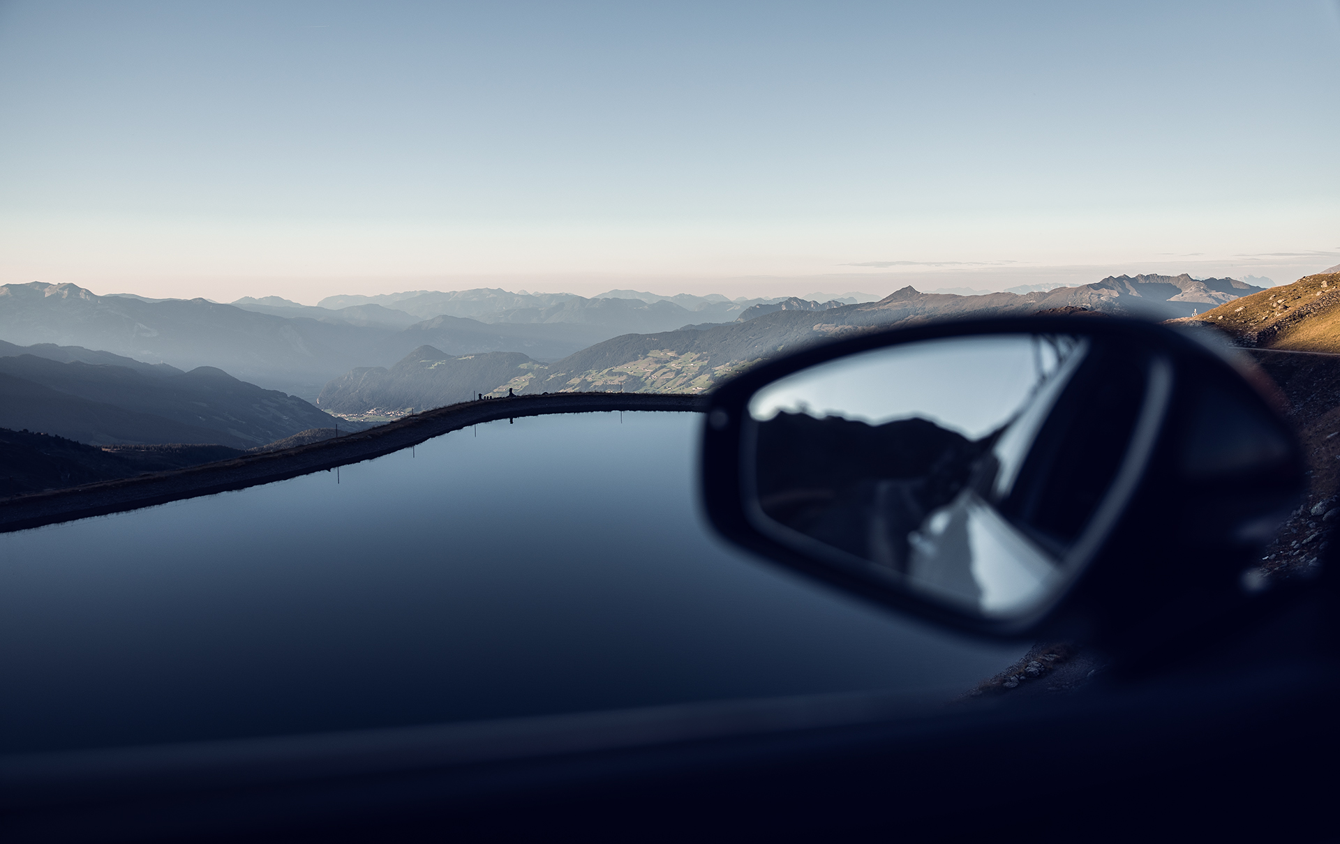 View of a lake from the car.